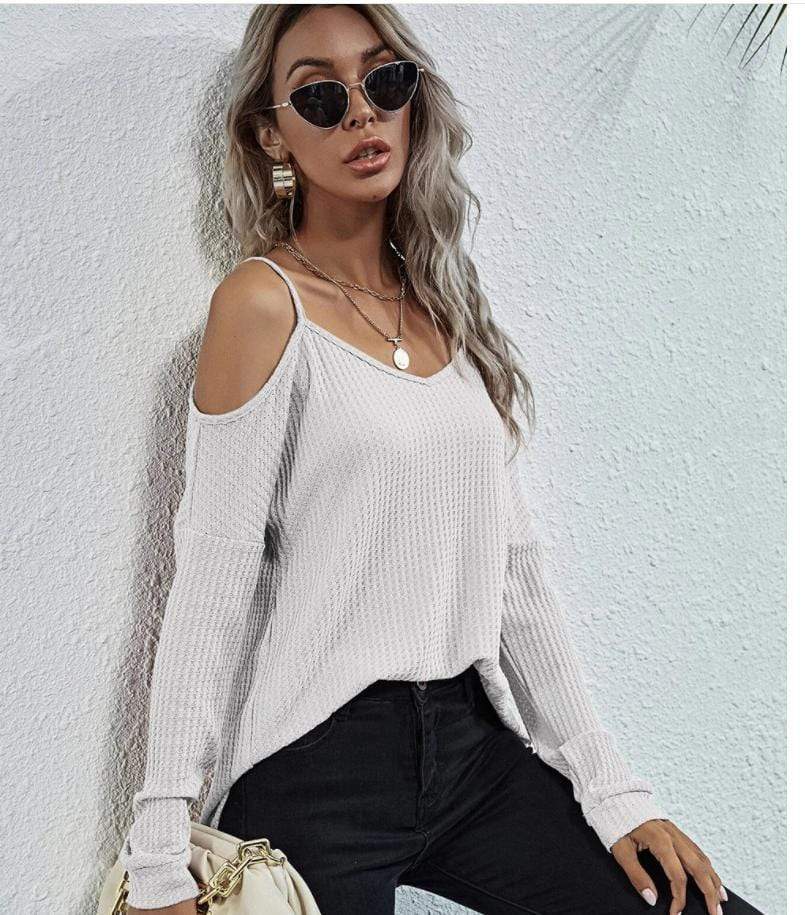 Anna-Kaci Cold Shoulder Long Sleeve Waffle Knit Loose Fitting Top for Women