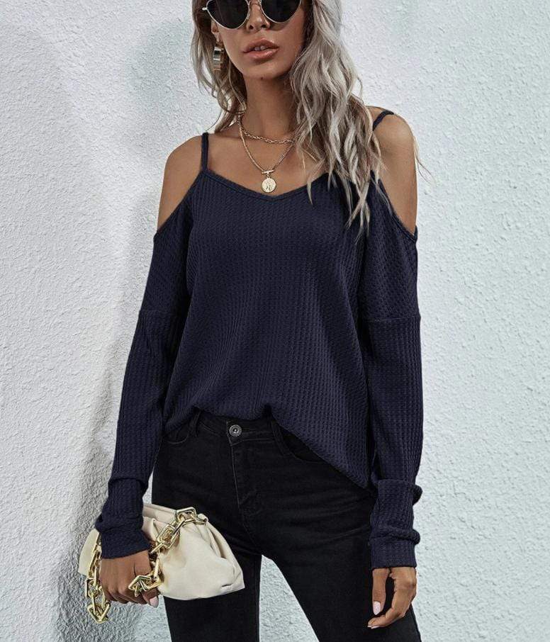 Anna-Kaci Cold Shoulder Long Sleeve Waffle Knit Loose Fitting Top for Women