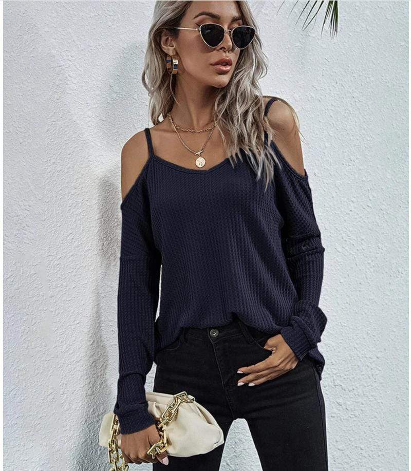 Anna-Kaci Cold Shoulder Long Sleeve Waffle Knit Loose Fitting Top for Women