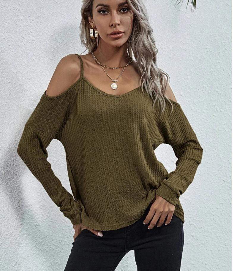 Anna-Kaci Cold Shoulder Long Sleeve Waffle Knit Loose Fitting Top for Women