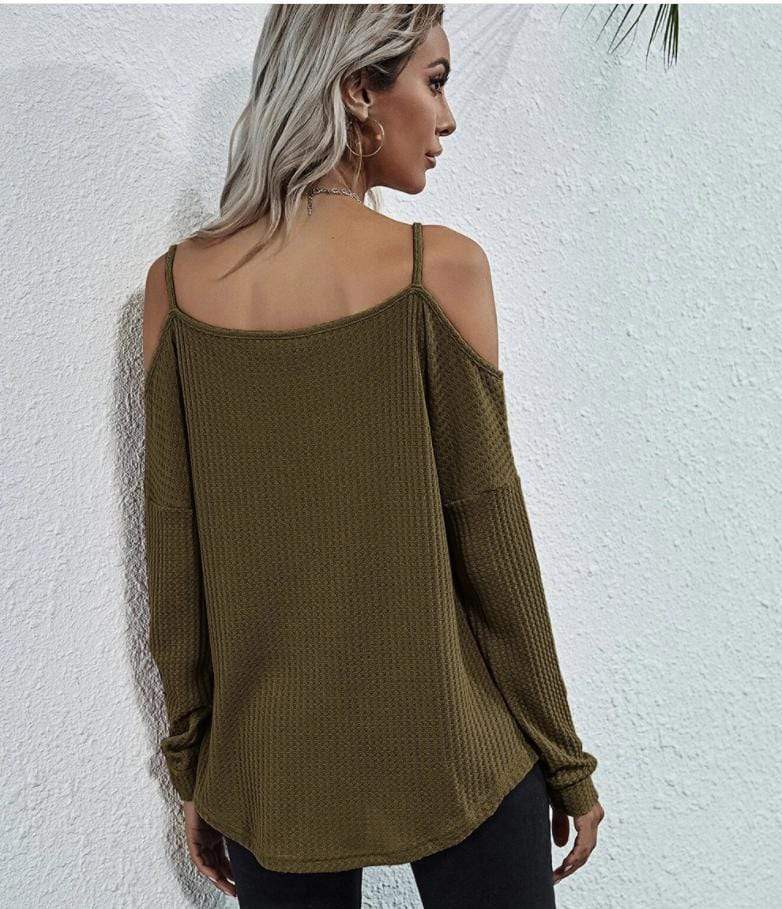 Anna-Kaci Cold Shoulder Long Sleeve Waffle Knit Loose Fitting Top for Women