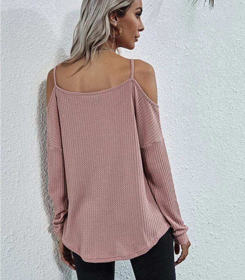 Anna-Kaci Cold Shoulder Long Sleeve Waffle Knit Loose Fitting Top for Women Large 8-10 / Pink