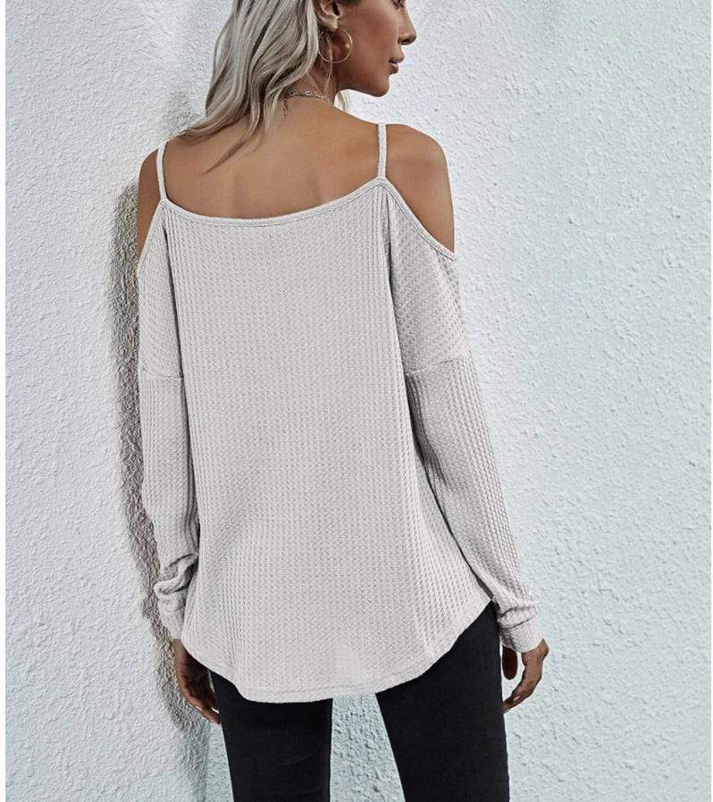 Anna-Kaci Cold Shoulder Long Sleeve Waffle Knit Loose Fitting Top for Women Large 8-10 / White