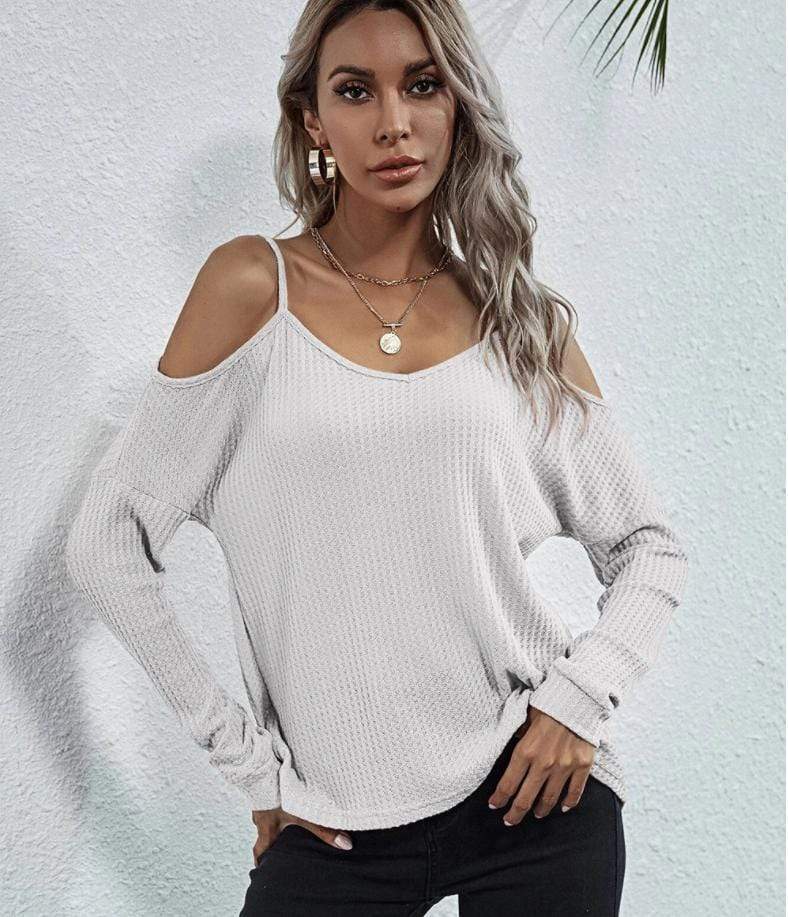 Anna-Kaci Cold Shoulder Long Sleeve Waffle Knit Loose Fitting Top for Women Large 8-10 / White