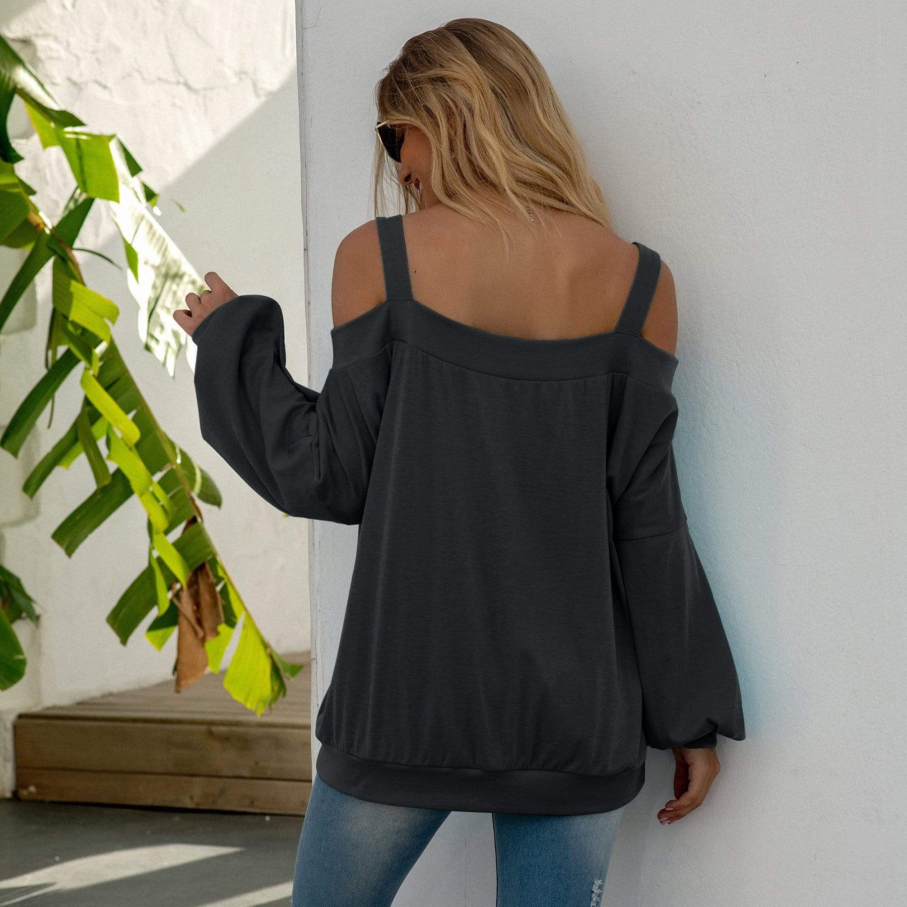 Anna-Kaci Cold Shoulder Oversized Loose Fit Casual Long Sleeve Top Solid for Women 2XL 12-14 / Gray