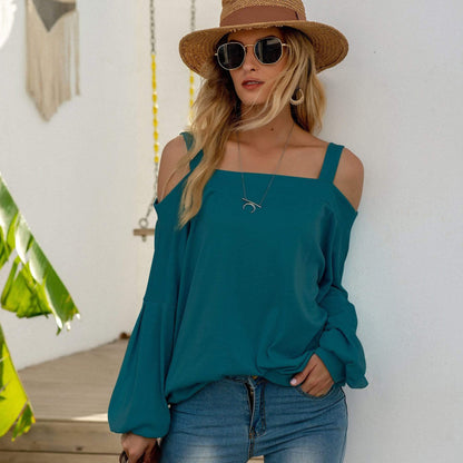 Anna-Kaci Cold Shoulder Oversized Loose Fit Casual Long Sleeve Top Solid for Women 2XL 12-14 / Teal