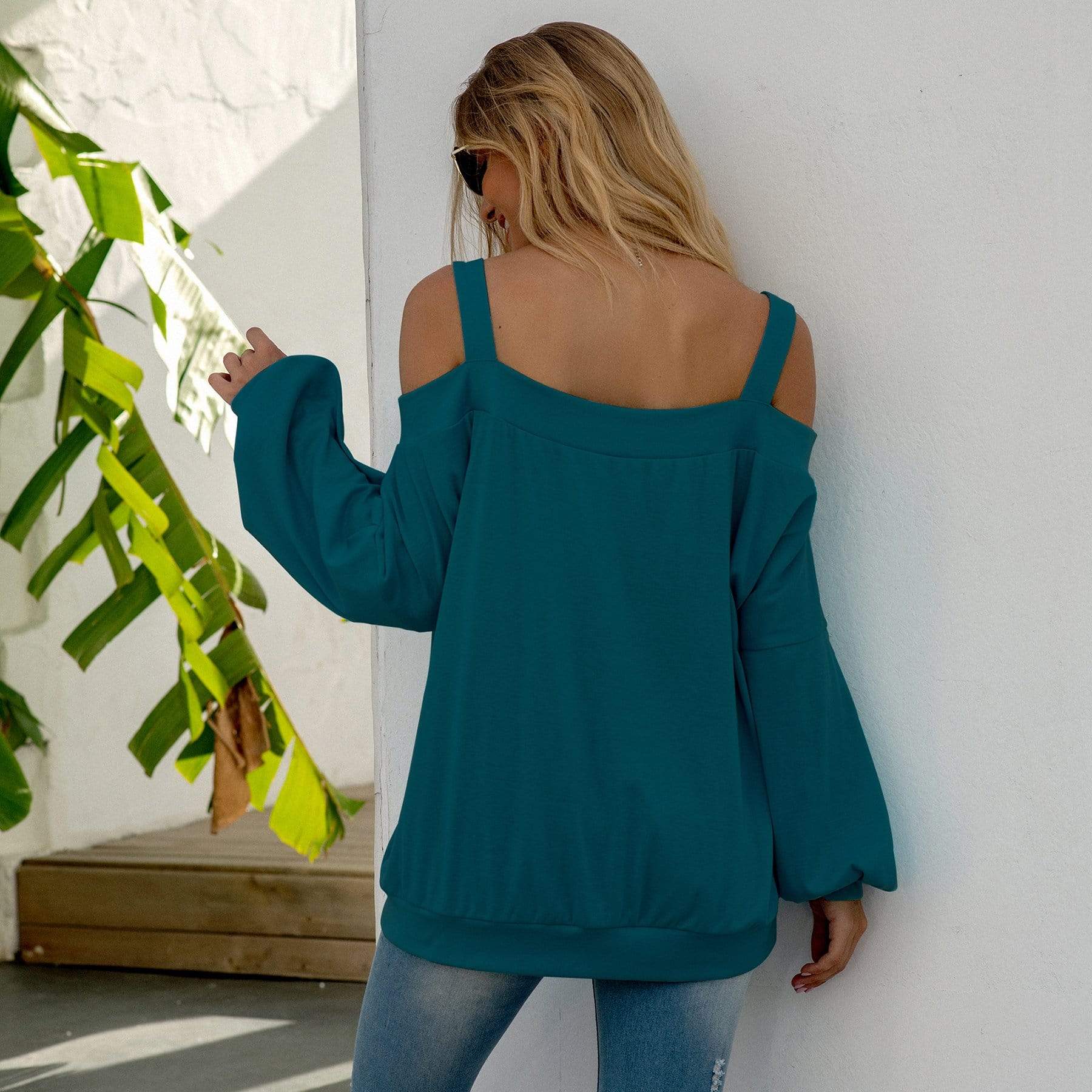 Anna-Kaci Cold Shoulder Oversized Loose Fit Casual Long Sleeve Top Solid for Women