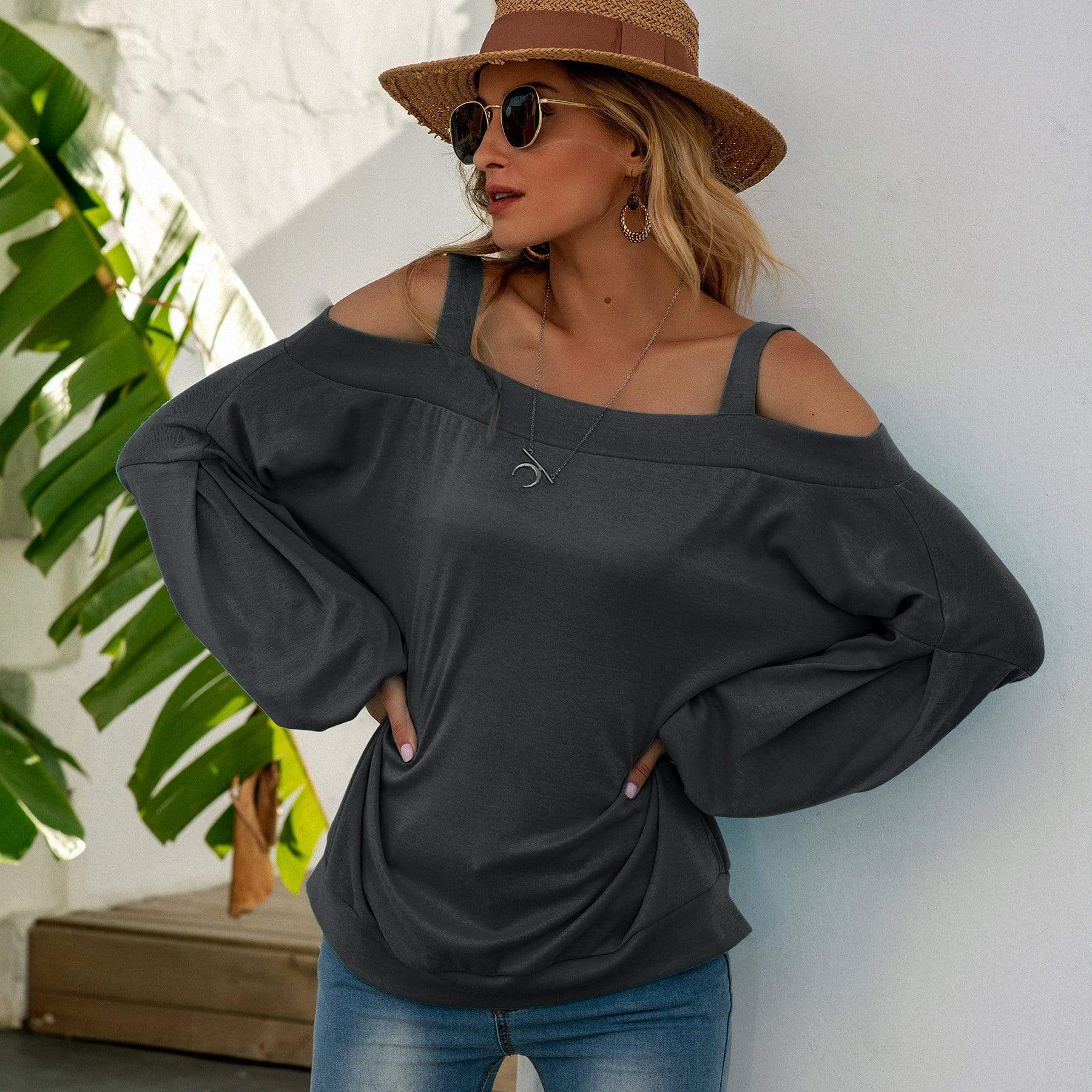 Anna-Kaci Cold Shoulder Oversized Loose Fit Casual Long Sleeve Top Solid for Women