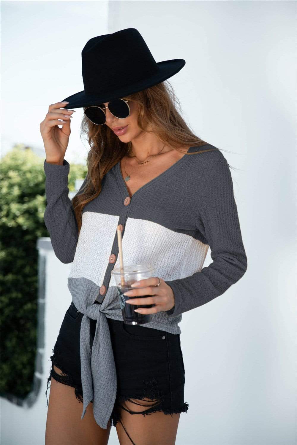Anna-Kaci Color Block Button Up Knitted Tied Front Long Sleeve Top