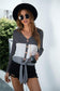 Anna-Kaci Color Block Button Up Knitted Tied Front Long Sleeve Top Large 8-10 / Gray
