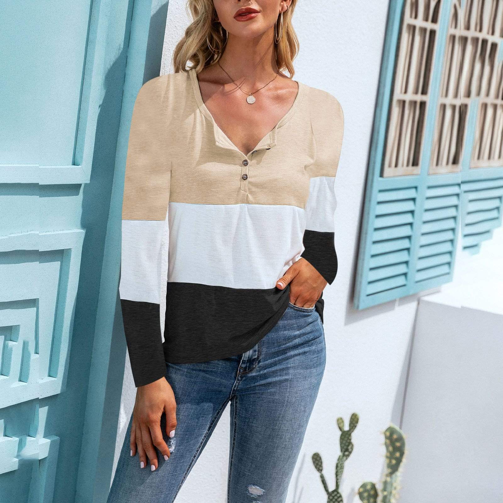 Anna-Kaci Color Block Horizontal Striped Button Up Long Sleeve V-Neck Top for Women Large 8-10 / Beige
