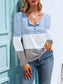 Anna-Kaci Color Block Horizontal Striped Button Up Long Sleeve V-Neck Top for Women Large 8-10 / Blue