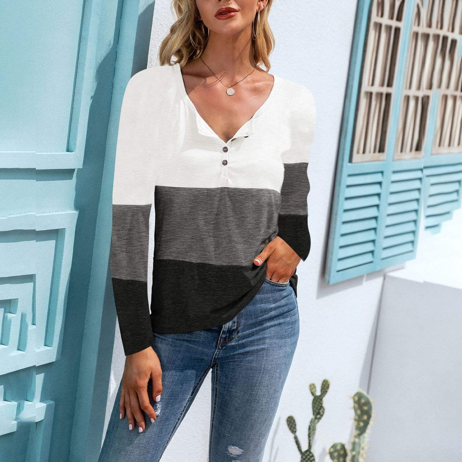 Anna-Kaci Color Block Horizontal Striped Button Up Long Sleeve V-Neck Top for Women Large 8-10 / White