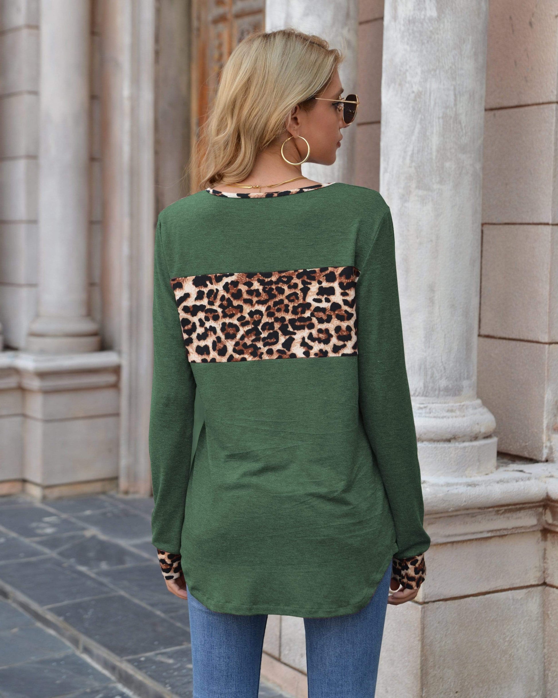 Anna-Kaci Color Block Leopard Print Long Sleeve Loose Fit Shirt for Women Large 8-10 / DarkGreen