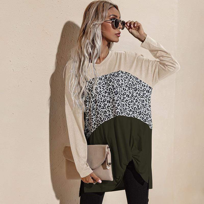 Anna-Kaci Color Block Leopard Print Long Sleeve V Neck Top for Women