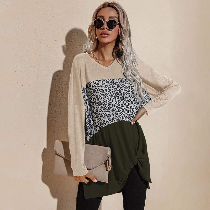 Anna-Kaci Color Block Leopard Print Long Sleeve V Neck Top for Women