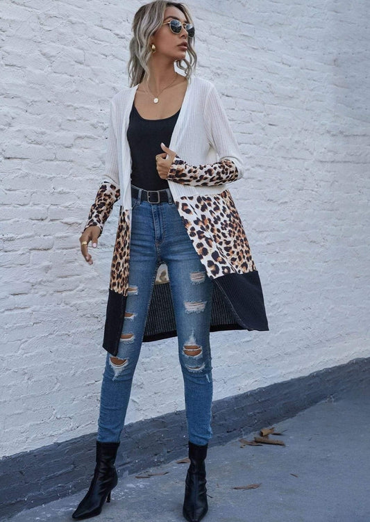 Anna-Kaci Color Block Long Sleeve Leopard Print Long Knit Cardigan for Women