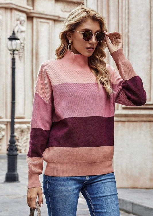 Anna-Kaci Color Block Pink Mauve and Maroon Turtle Neck Long Sleeve Sweater for Women Large 8-10 / Pink