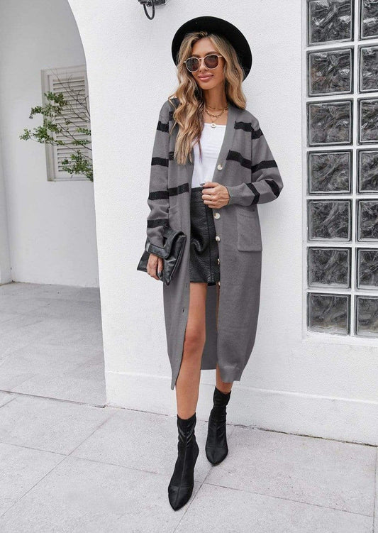 Anna-Kaci Color Block Striped Button Down Dual Pocket Long Cardigan for Women Large 8-10 / Gray