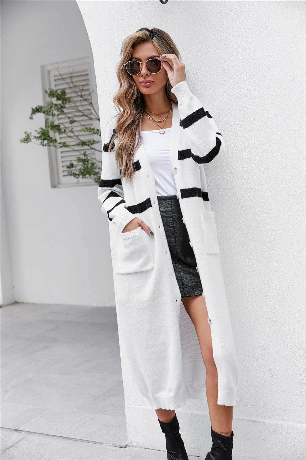 Anna-Kaci Color Block Striped Button Down Dual Pocket Long Cardigan for Women Large 8-10 / White