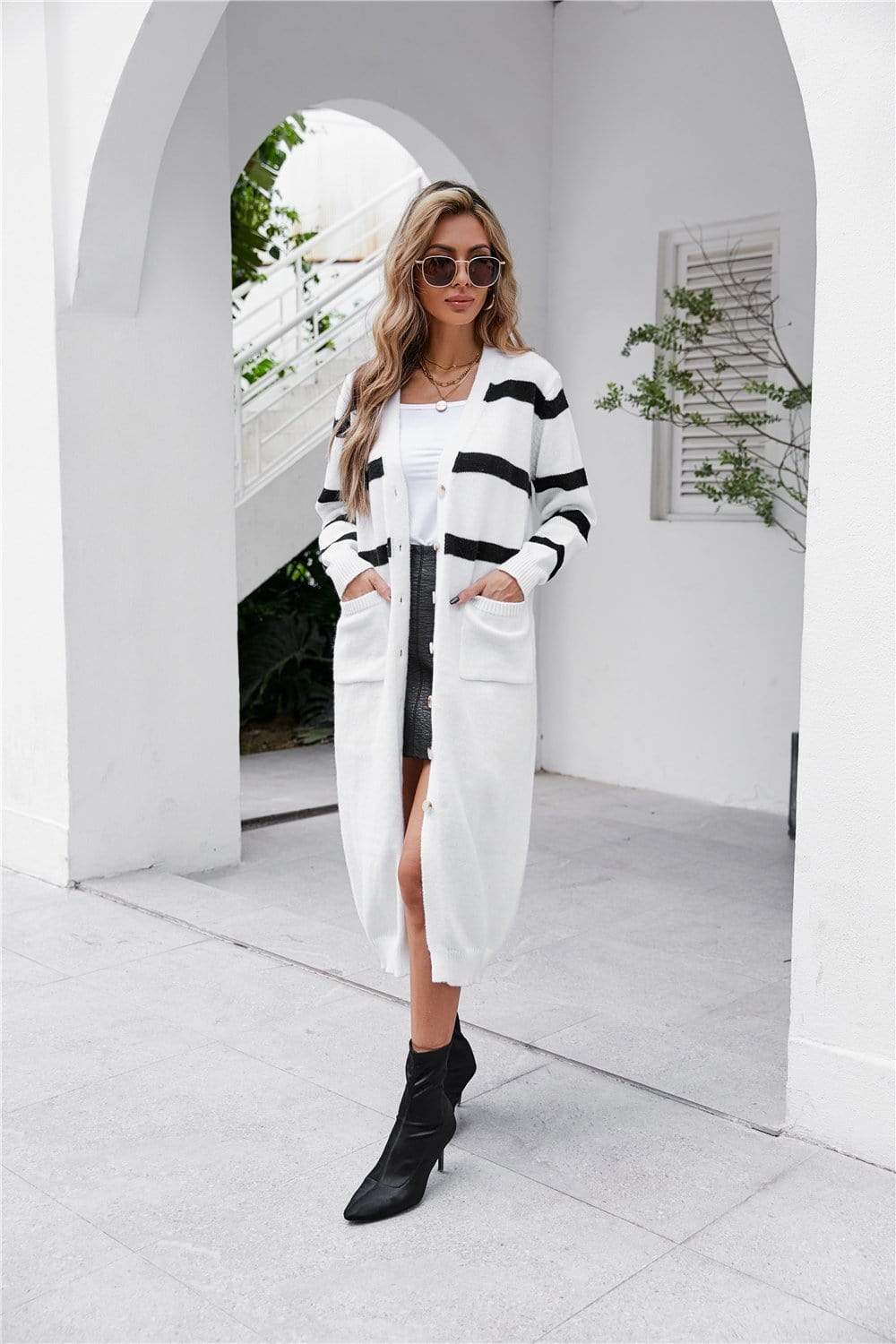 Anna-Kaci Color Block Striped Button Down Dual Pocket Long Cardigan for Women