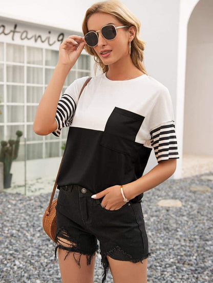 Anna-Kaci Colorblock Striped Short Sleeve Top With a Shirt Pocket for Women Small 0-4 / Black