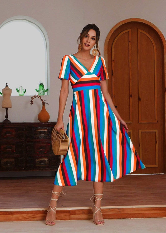 Anna-Kaci Colorful Striped Maxi Dress V Neck Line Short Sleeve for Women Large 8-10 / Blue