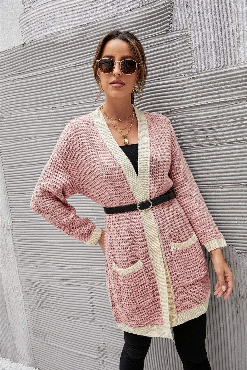 Anna-Kaci Contrast Binding Open Front Chunky Knit Long Cardigan for Women L / Pink