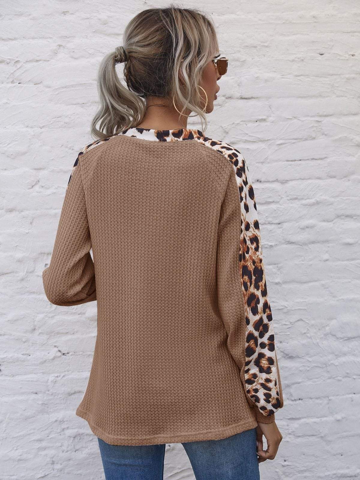 Anna-Kaci Contrast Leopard Panel V Neck Long Sleeve Waffle Knit Sweater Large 8-10 / Brown