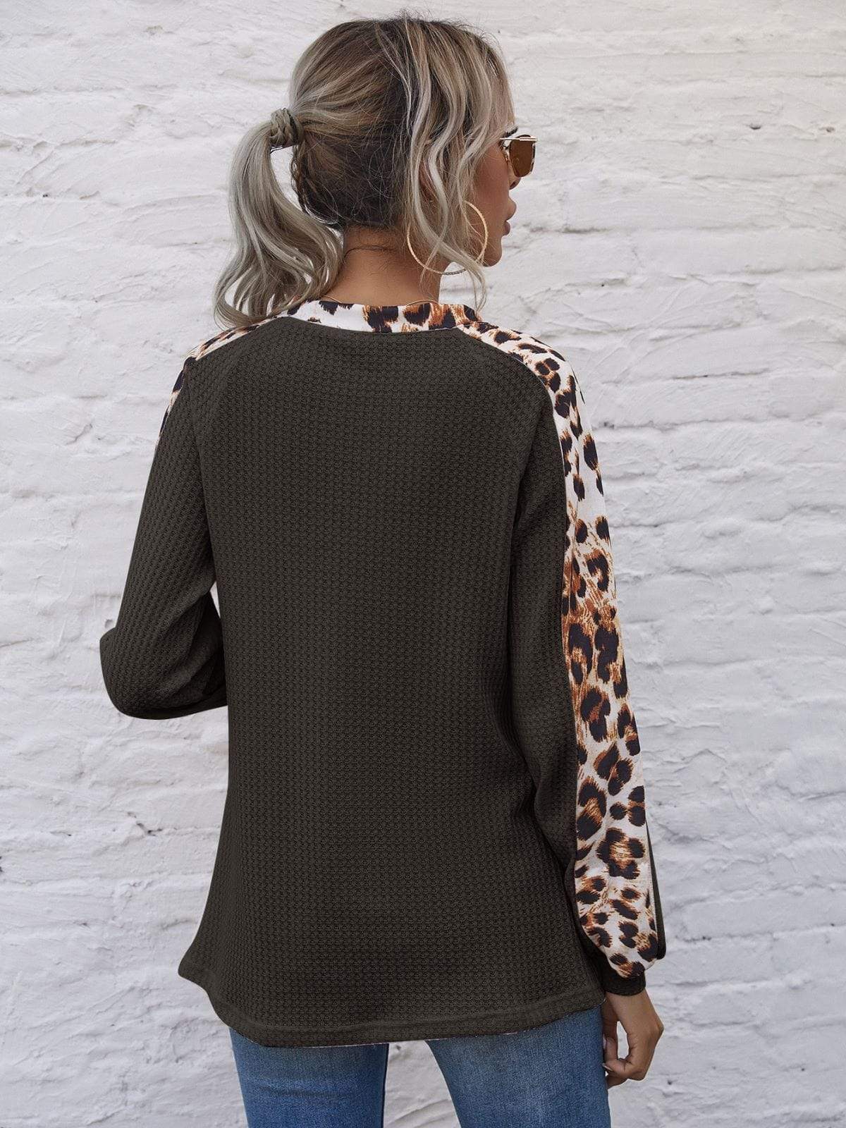 Anna-Kaci Contrast Leopard Panel V Neck Long Sleeve Waffle Knit Sweater