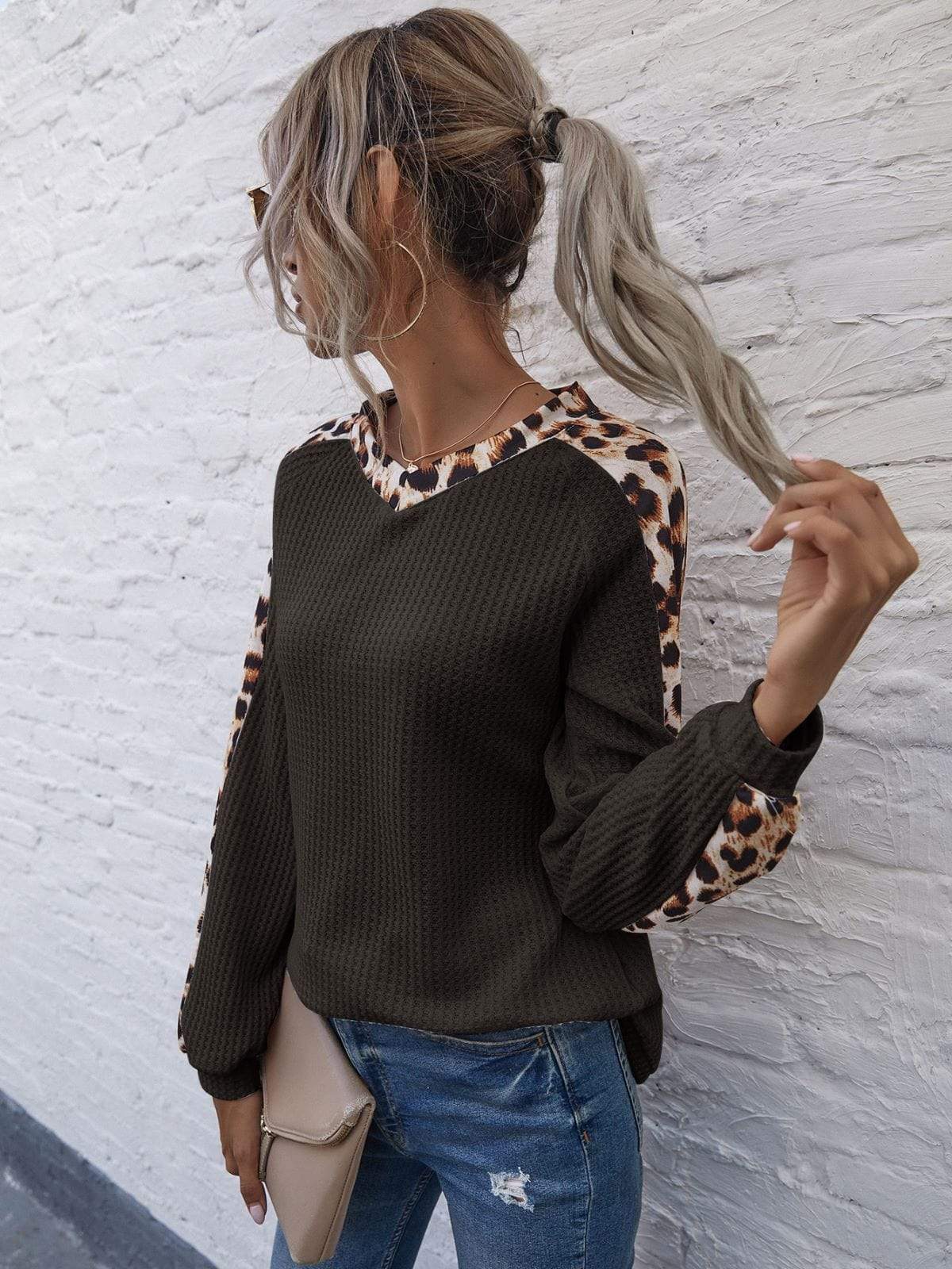 Anna-Kaci Contrast Leopard Panel V Neck Long Sleeve Waffle Knit Sweater