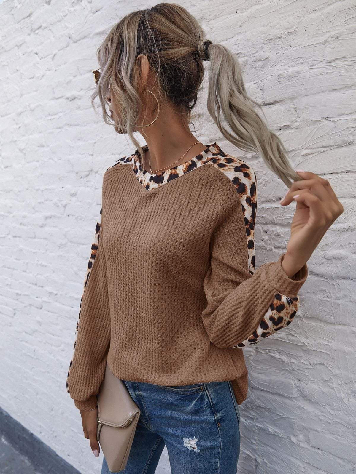 Anna-Kaci Contrast Leopard Panel V Neck Long Sleeve Waffle Knit Sweater