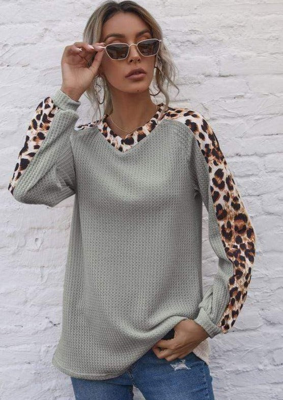 Anna-Kaci Contrast Leopard Panel V Neck Long Sleeve Waffle Knit Sweater