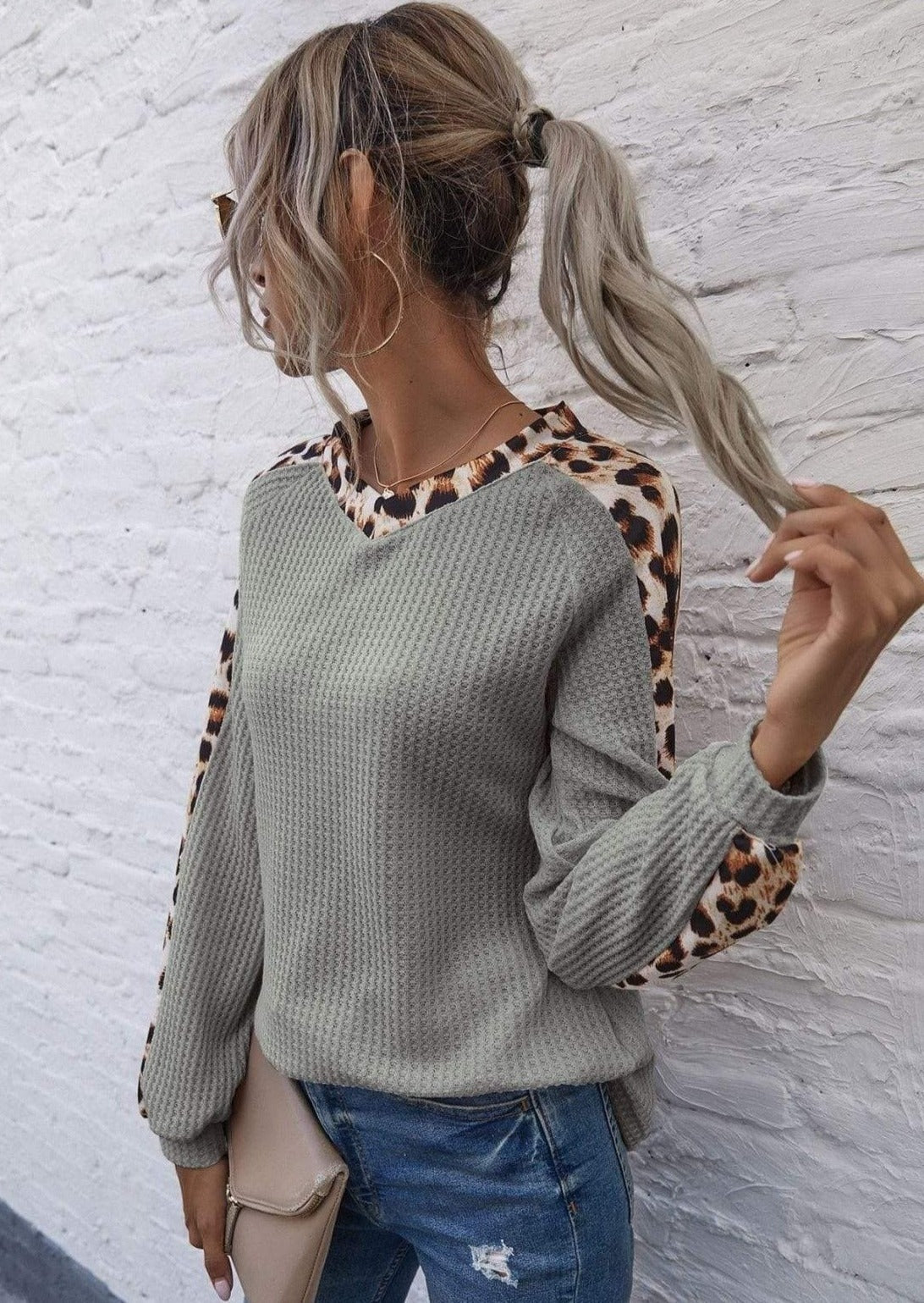 Anna-Kaci Contrast Leopard Panel V Neck Long Sleeve Waffle Knit Sweater