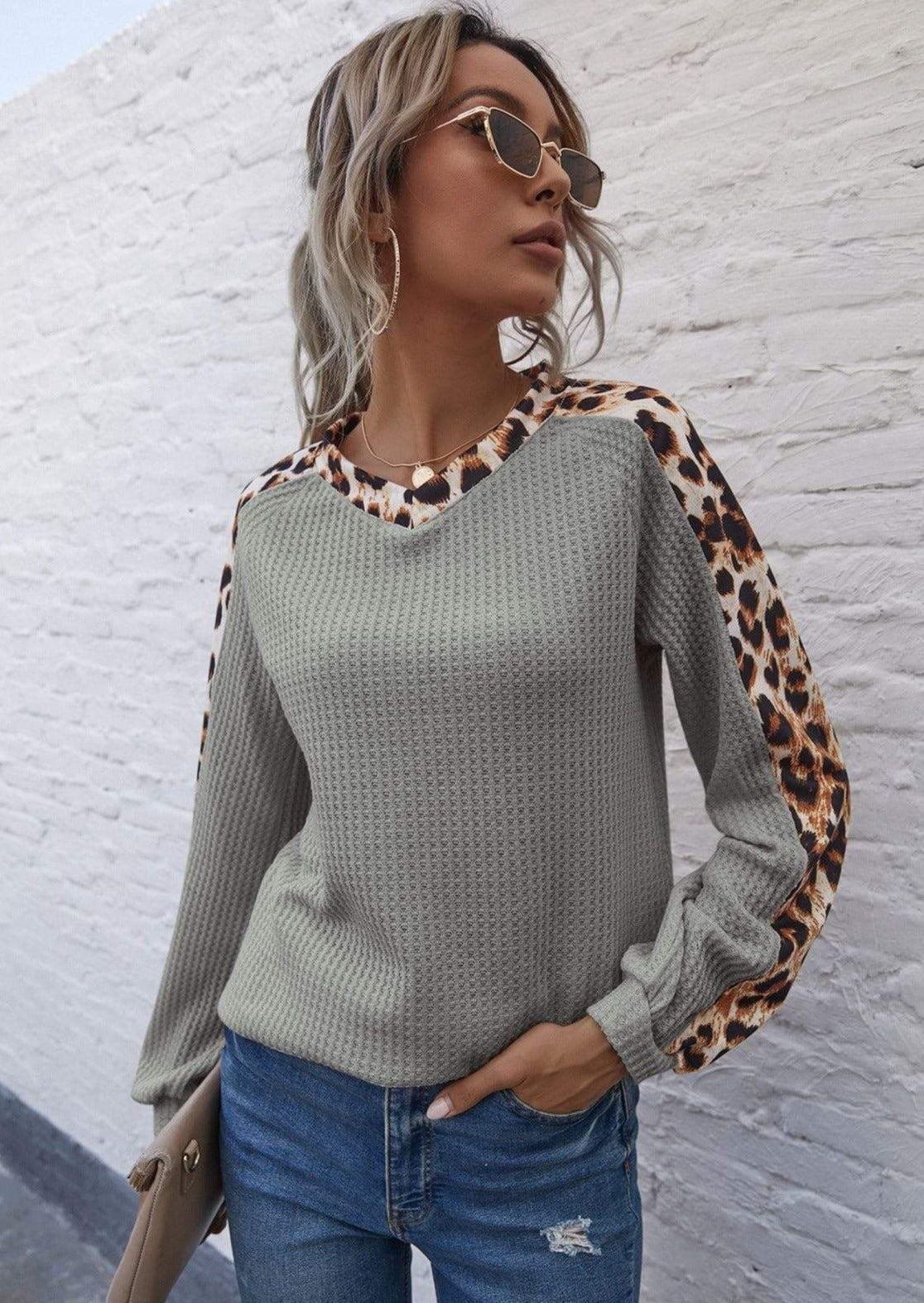 Anna-Kaci Contrast Leopard Panel V Neck Long Sleeve Waffle Knit Sweater