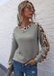 Anna-Kaci Contrast Leopard Panel V Neck Long Sleeve Waffle Knit Sweater