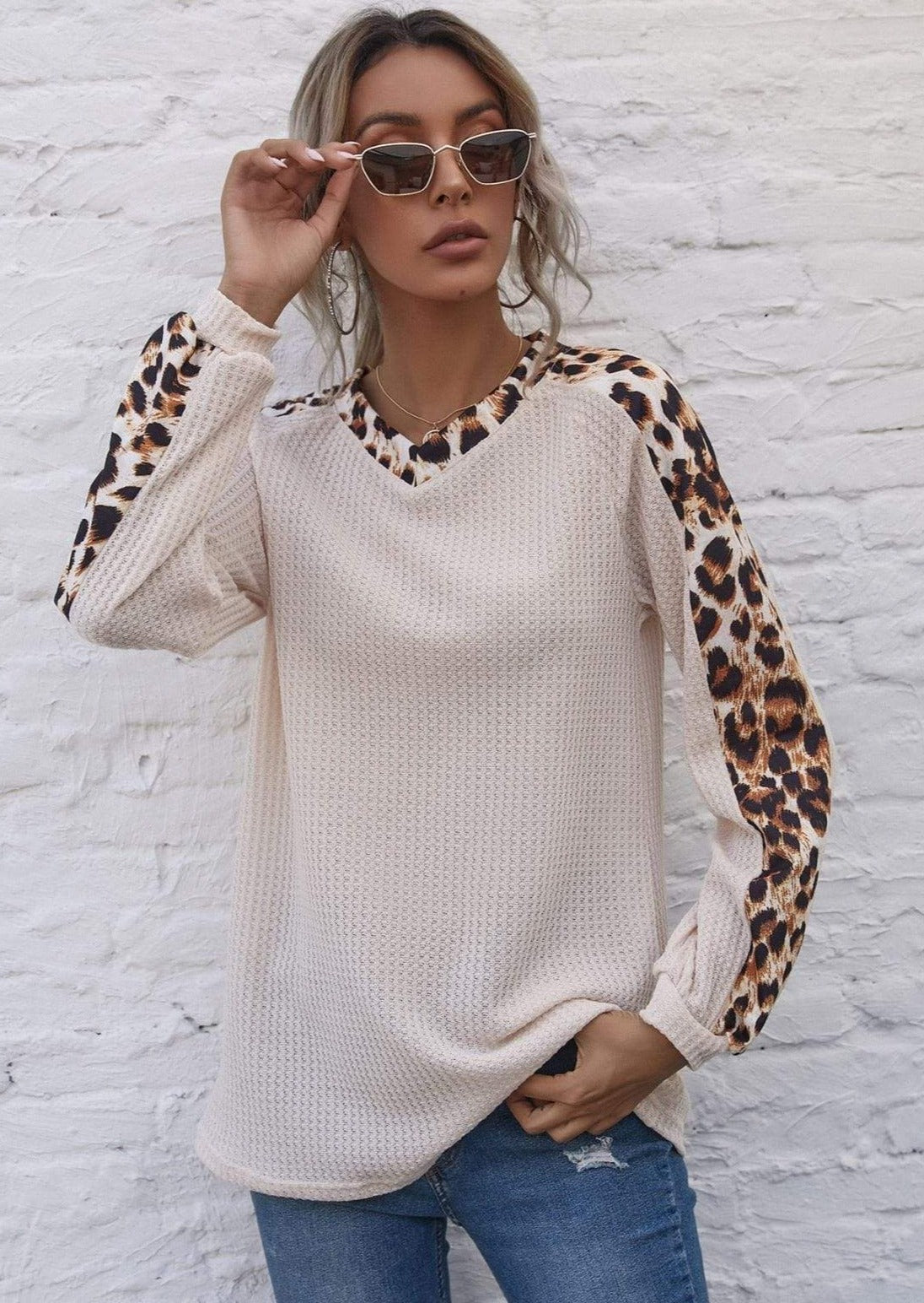 Anna-Kaci Contrast Leopard Panel V Neck Long Sleeve Waffle Knit Sweater