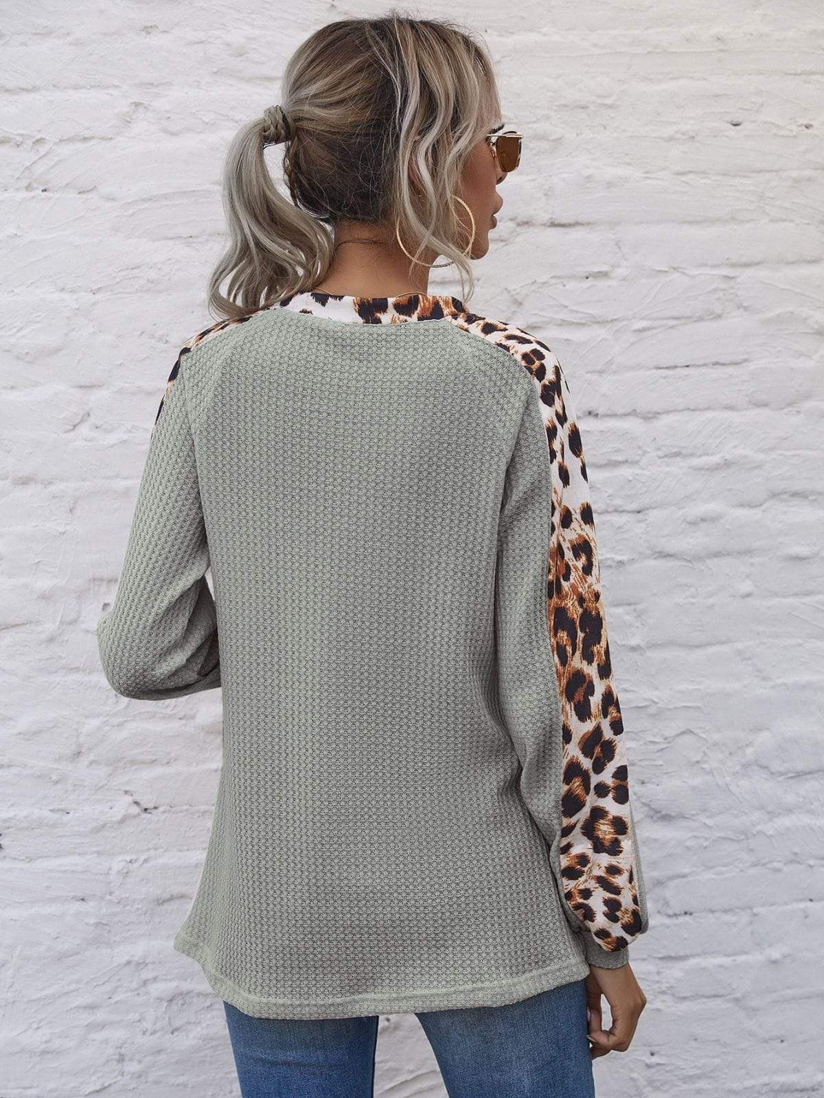 Anna-Kaci Contrast Leopard Panel V Neck Long Sleeve Waffle Knit Sweater