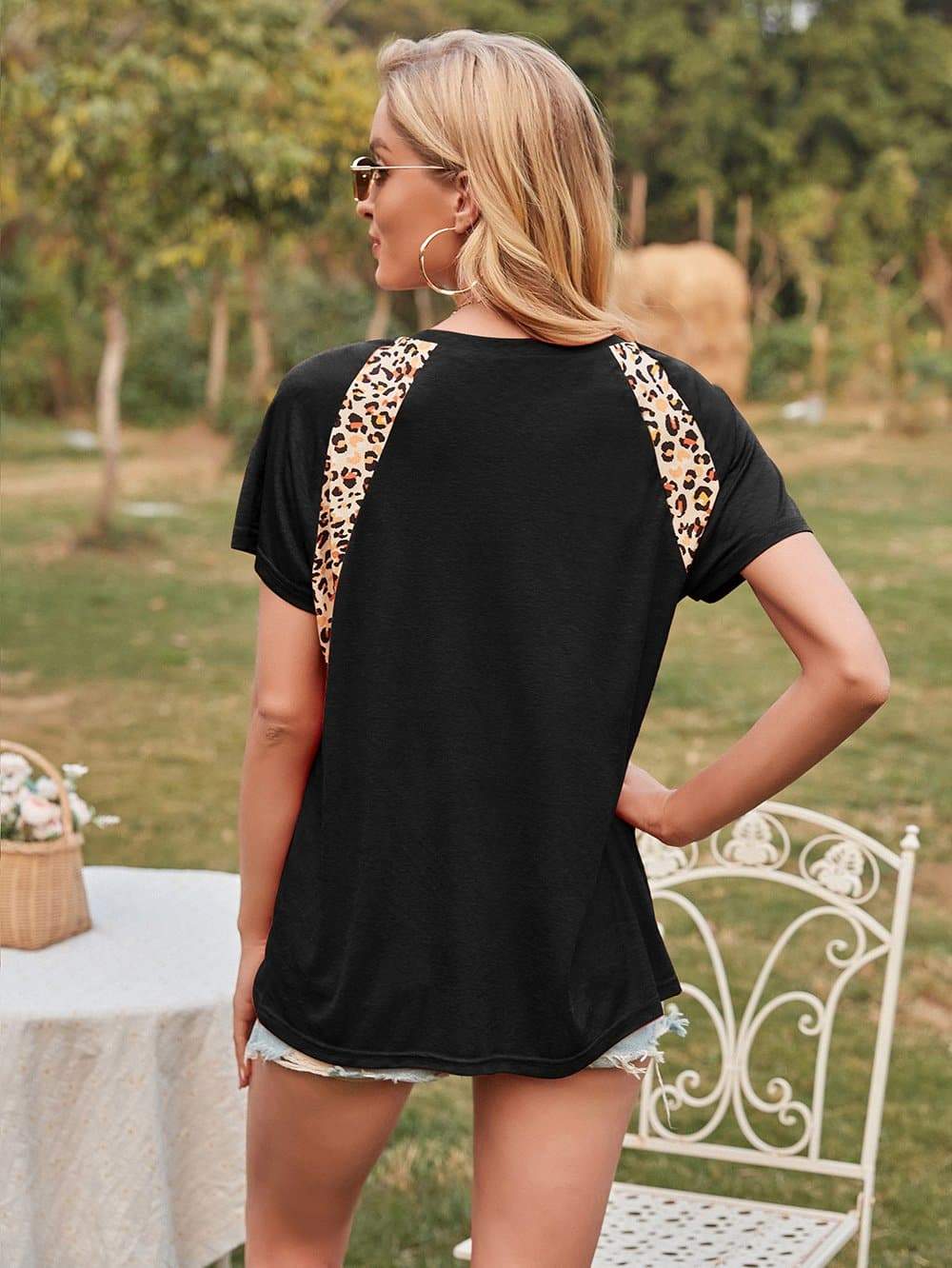 Anna-Kaci Contrast Leopard Print Lux Top with Animal Print on Short Arm Sleeves