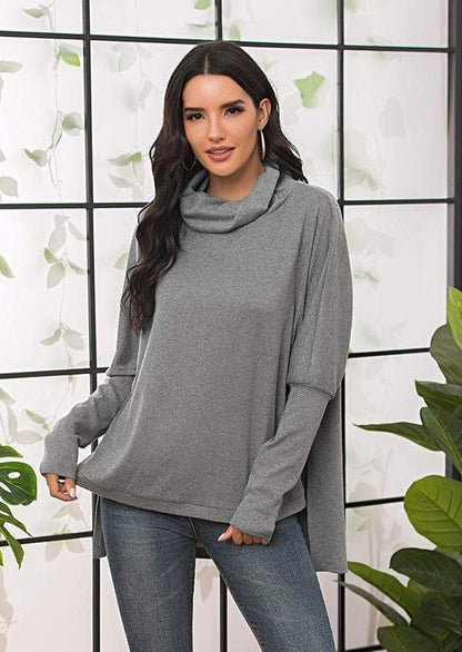 Anna-Kaci Cowl Neck High-Low Irregular Hem Long Sleeve Top Side Slit for Women Large 8-10 / Gray