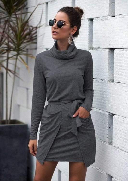 Anna-Kaci Cowl Neck Long Sleeve Bodycon Mini Dress with Pockets for Women