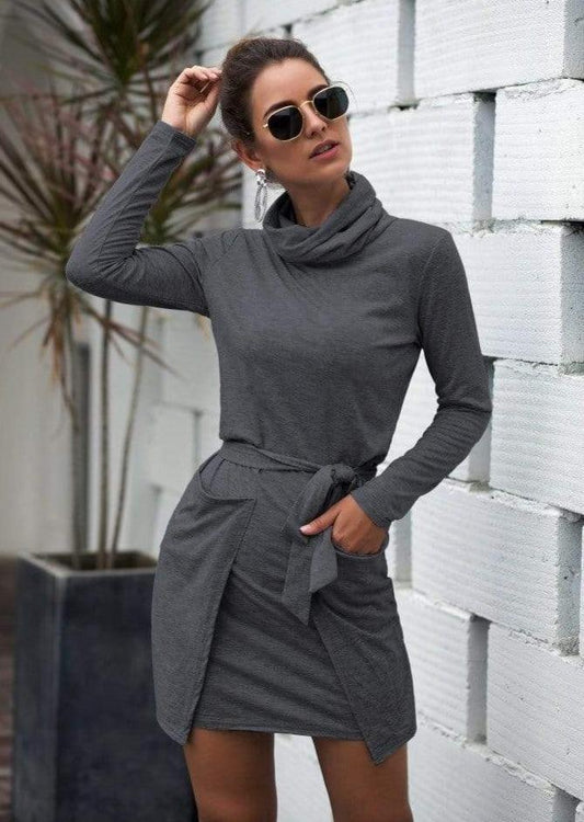 Anna-Kaci Cowl Neck Long Sleeve Bodycon Mini Dress with Pockets for Women Large 8-10 / Dark Gray