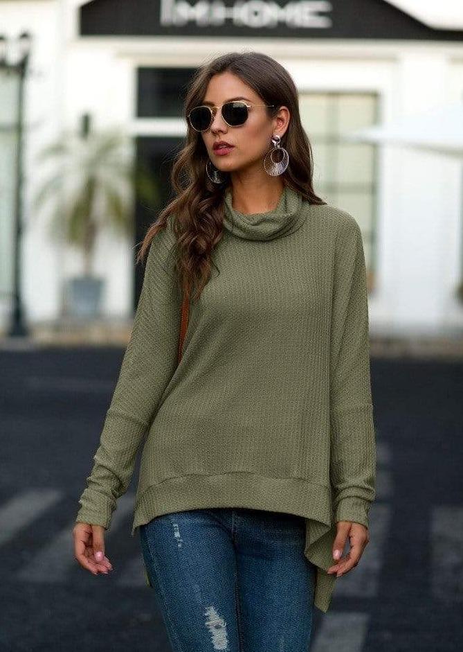 Anna-Kaci Cowl Neck Waffle Knit Long Sleeve Relaxed Fit Sweater for Women Large 8-10 / Olive Green