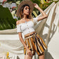 Anna-Kaci Cropped Off Shoulder Button Top and Tied Striped Shorts 2 Piece Set for Women