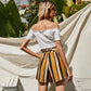 Anna-Kaci Cropped Off Shoulder Button Top and Tied Striped Shorts 2 Piece Set for Women