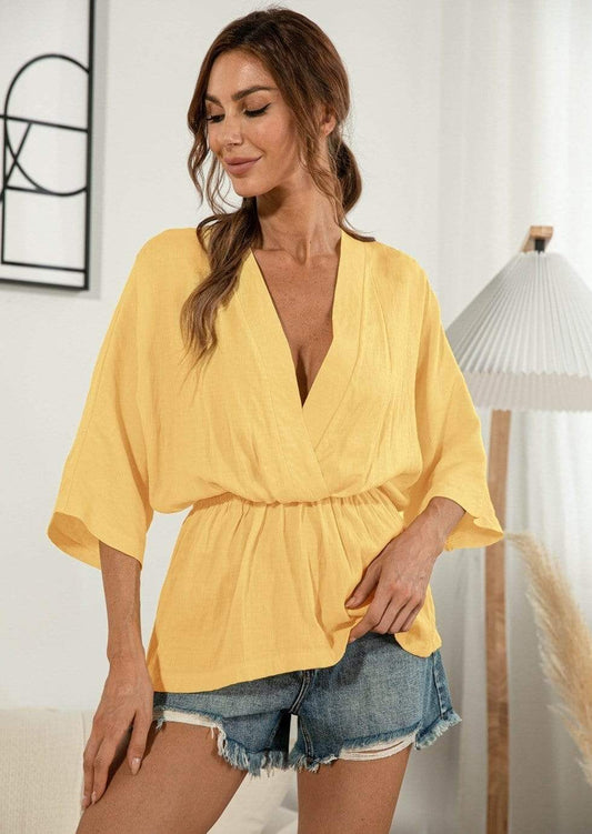 Anna-Kaci Cross V-Neck Gathered Light Summer Blouse Top for Women Large 8-10 / Yellow