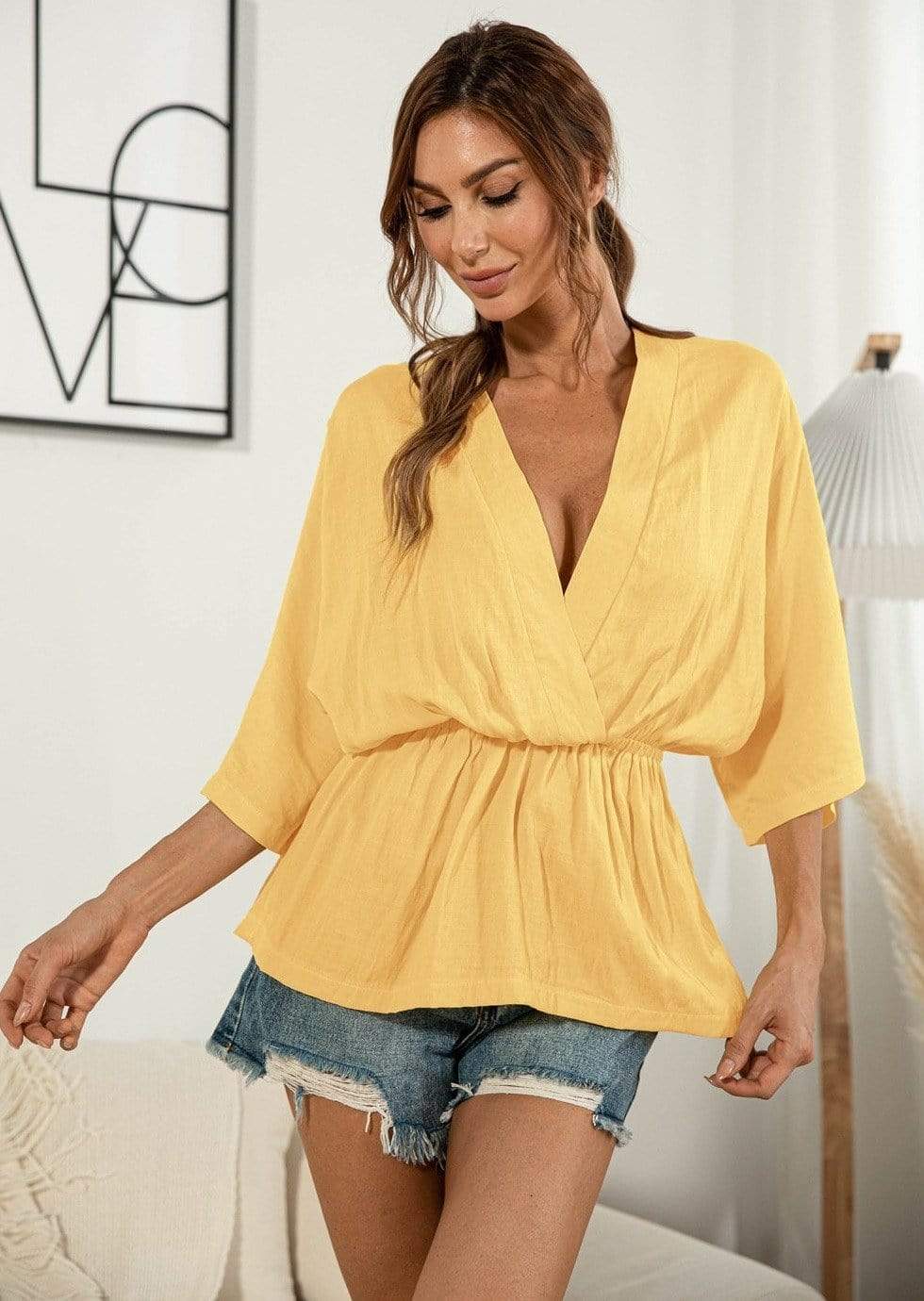 Anna-Kaci Cross V-Neck Gathered Light Summer Blouse Top for Women