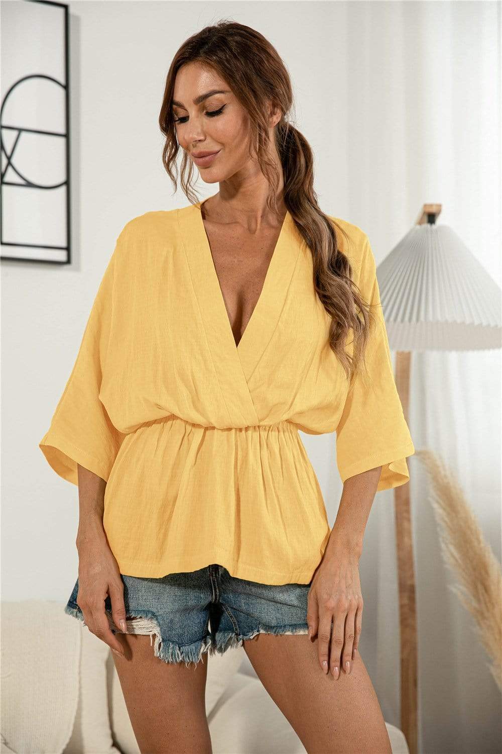 Anna-Kaci Cross V-Neck Gathered Light Summer Blouse Top for Women