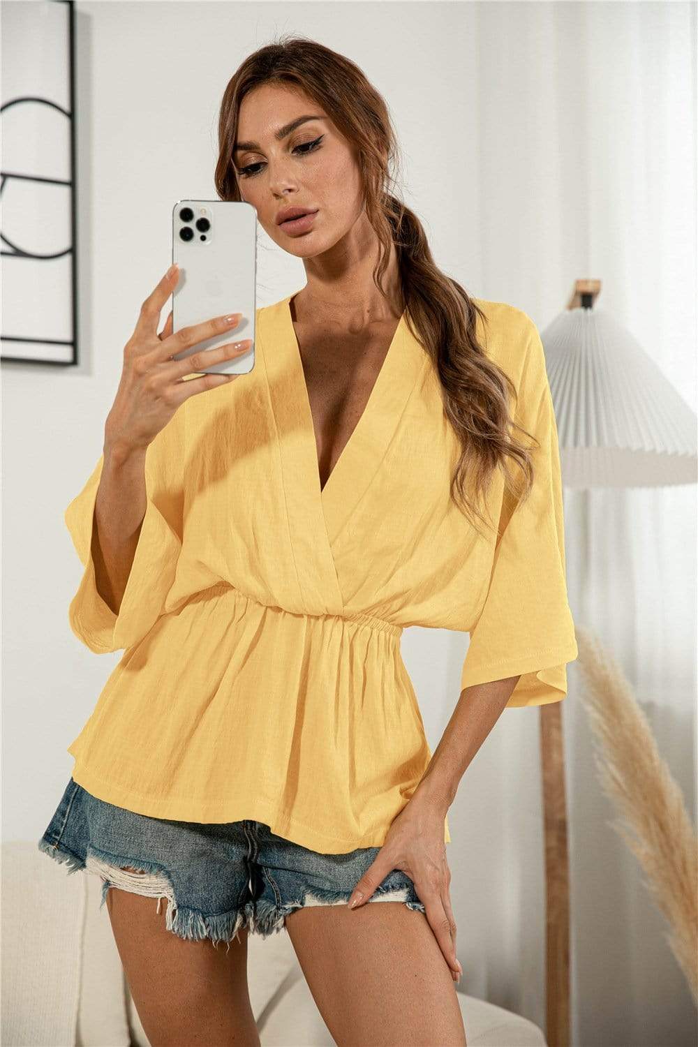 Anna-Kaci Cross V-Neck Gathered Light Summer Blouse Top for Women