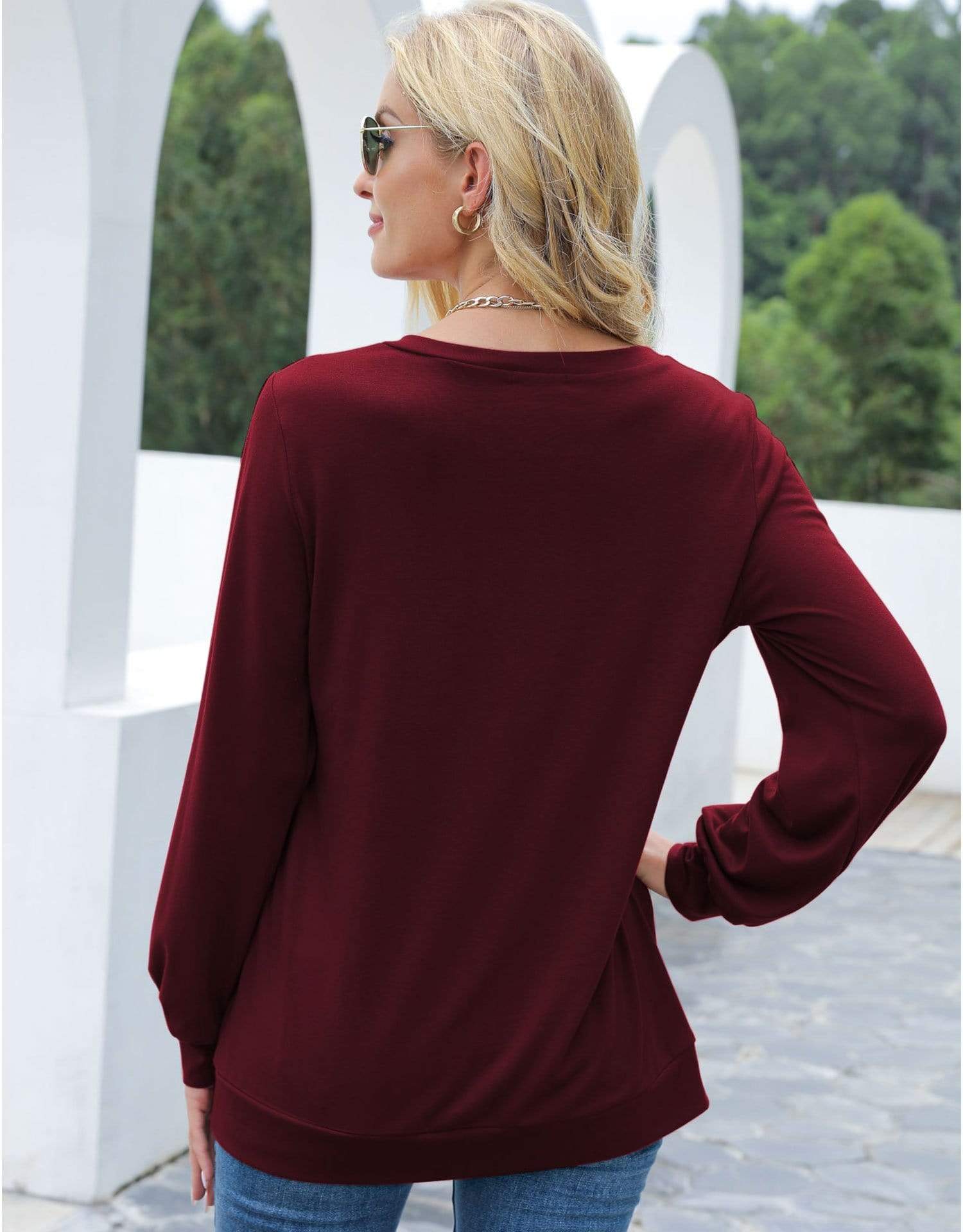 Anna-Kaci Cut Out Pullover Long Sleeve Solid Color Top for Women